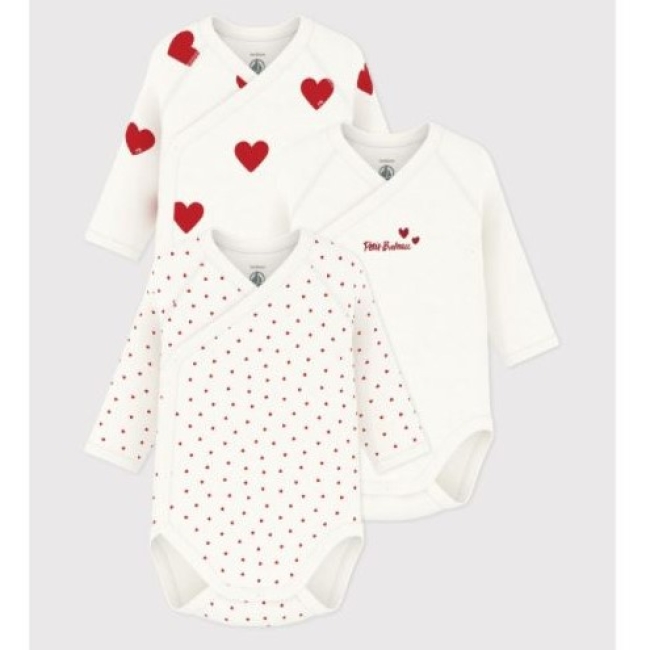 Lot de 3 bodies croisés cœur rouge manches longues bébé