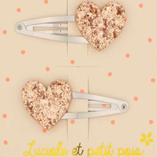 Barrettes cœurs - Paillettes roses (paire)