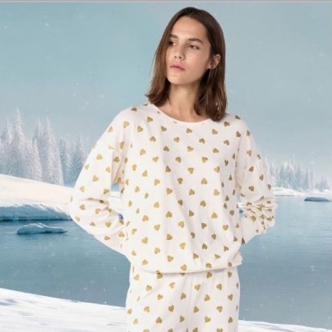 Pyjama femme en coton imprimé cœurs dorés