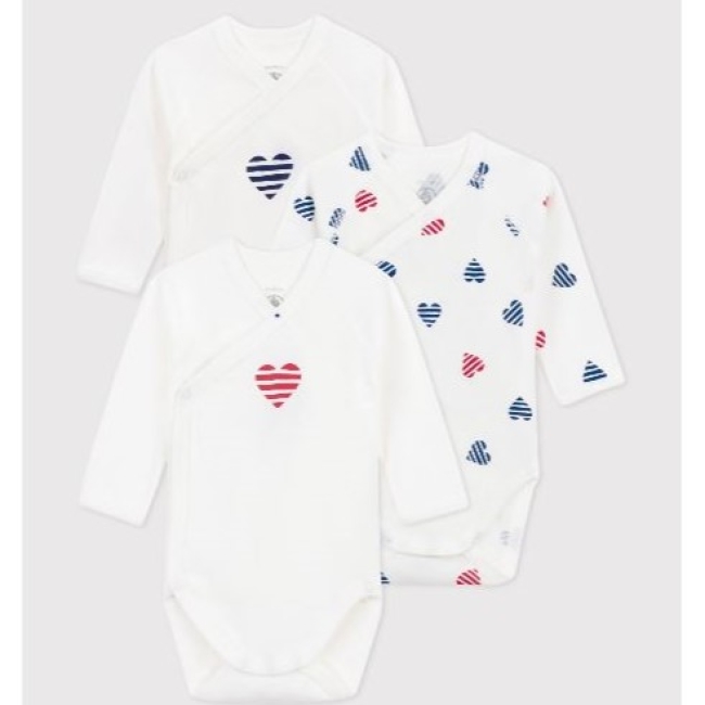 Lot de 3 bodies croisés manches longues en coton cœurs rayé bébé
