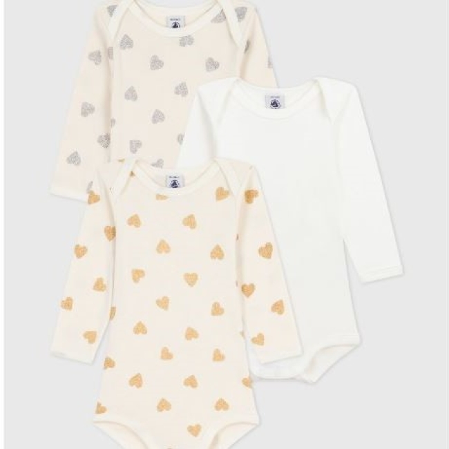 Lot de bodies manche longues en coton imprimé cœurs pailletés bébé